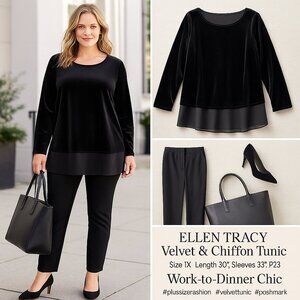 Ellen Tracy Black Velvet Tunic Top | Sheer Chiffon Hem | Size 1X